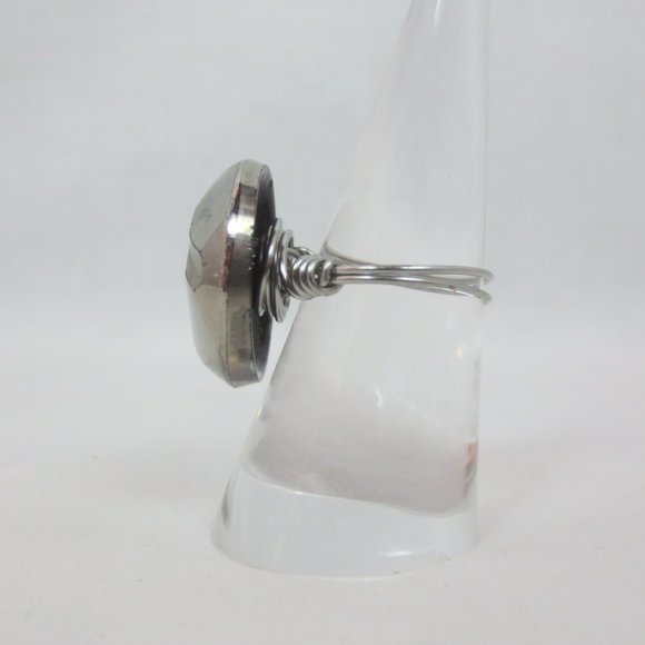 New Mod 60s Silver-tone & Black Glass Geometric Vintage Button Handmade Ring - Picture 5 of 10